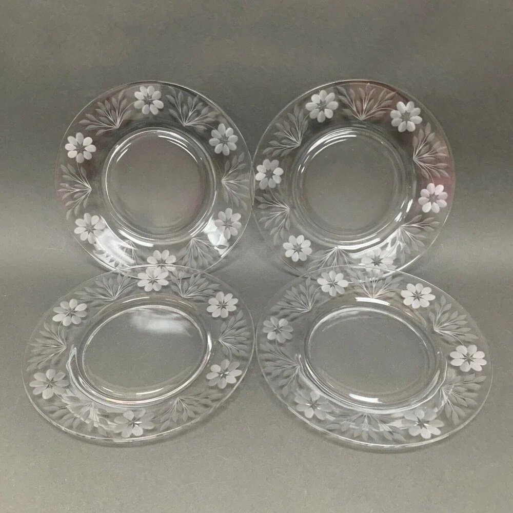 Etched Flowers Floral Clear Glass‎ Salad Plates 8 1/2